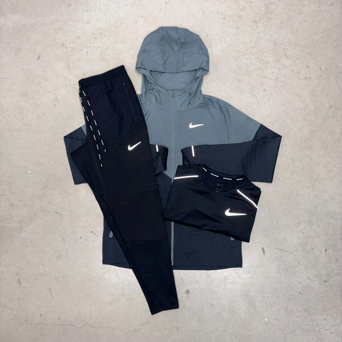 Nike Black/Grey Windrunner Jacket x Phenom Elite x Black Miler T-Shirt Bundle